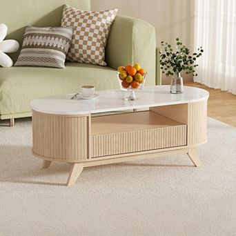 Vabches Mid Century Modern Coffee Table with Storage, Natural Wood Oval Fluted Design