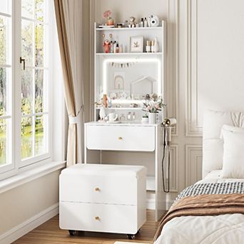 Vabches White Vanity Desk with LED Mirror, Charging Station and Chair