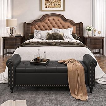 Vabches 65 Inch Upholstered Storage Bench, Bedroom End of Bed Bench with Faux Leather Tufted Seat