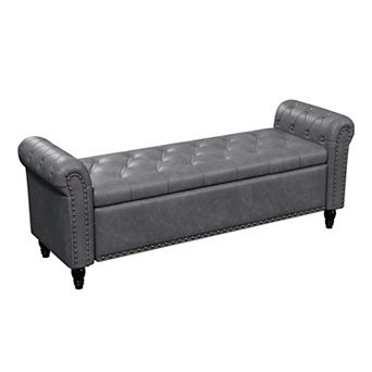 Vabches 65 Inch Upholstered Storage Bench, Bedroom End of Bed Bench with Faux Leather Tufted Seat