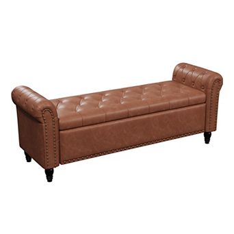 Vabches 65 Inch Upholstered Storage Bench, Bedroom End of Bed Bench with Faux Leather Tufted Seat