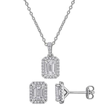 Stella Grace Sterling Silver 3 Carat T.W. Lab-Grown Diamond Emerald Cut Pave 2 pc Pendant Necklace & Earrings Set