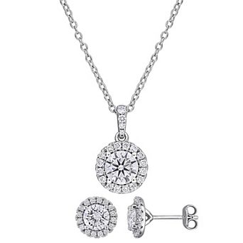 Stella Grace Sterling Silver 2 7/8 Carat T.W. Lab-Grown Diamond Round Pave Halo Pendant Necklace & Earrings Set