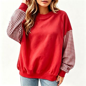 Women Mixed Plaid Long Sleeve Crewneck Casual Loose Fit Pullover Sweatshirt