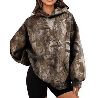Women's Oversized Forest Camo Print Pullover Hoodie With Kangaroo Pocket