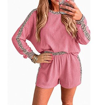 Women Ribbed Knit Leopard Trim Long Sleeve Top And Shorts Loungewear 2 pc Set