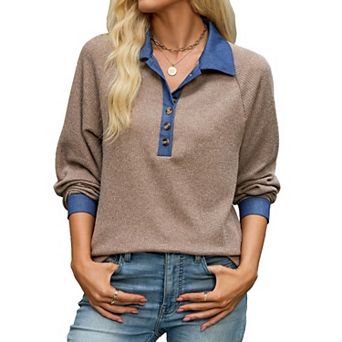 Women Loose Long Sleeve Color Block Denim Shirt, Collared Button Front Casual Tops