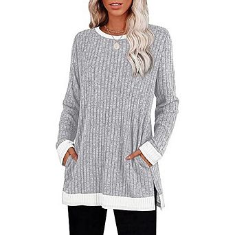 Women's Color Block Crew Neck Long Sleeve T-Shirt, Loose Split Hem Casual Top With Pockets >