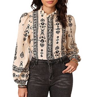 Women's Boho Floral Print Ruffle Mock Neck Puff Long Sleeve Blouse