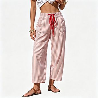 Women Drawstring Waist Striped Cropped Casual Jogger Pants
