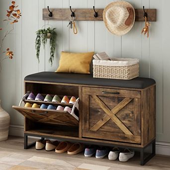 Vabches Entryway Bench with Shoe Storage, Coat Rack and 5 Hooks, Rustic Hall Tree