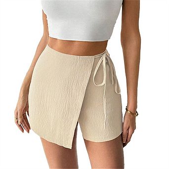 Women's Woven Fabric Culottes, Front Drape Panel with Side Waist Tie Wrap Detail for Ladies