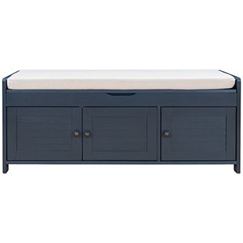 Lycvki MDF 43 in Storage Bench Shoe Bench with 3 Doors, Removable Cushion, Hidden Storage Space