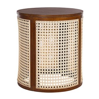 Lycvki 15.7 in Round Rubber Wood End Table, Hollow Woven Side Table, Small Nightstand