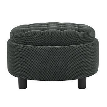 Round Tufted Storage Ottoman with Removable Tray, Fabric for Living Room and Bedroom