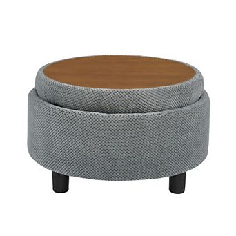 Round Tufted Storage Ottoman with Removable Tray, Fabric for Living Room and Bedroom