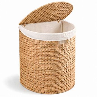 Lycvki 20 in H Water Hyacinth Woven Full Oval Brown Laundry Hamper with Lid and Removable Liner