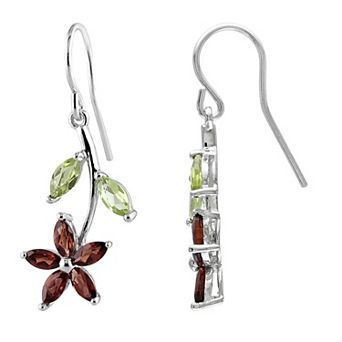 Stella Grace Sterling Silver Marquise Garnet & Peridot Flower Charm Frenchwire Earrings