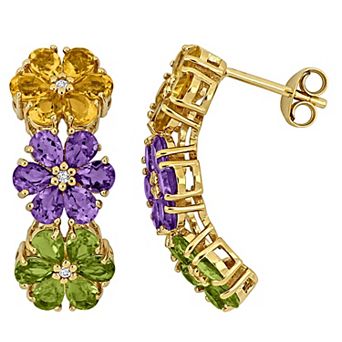 Stella Grace 18k Gold over Sterling Silver Multi-Gemstone Flower Design Post Drop Earrings