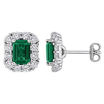 Stella Grace Sterling Silver 1 1/3 Carat T.W. Lab-Grown Diamond & Lab-Created Emerald Halo Earrings