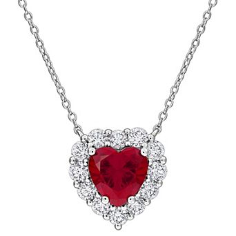 Stella Grace Rhodium Over Sterling Silver 1 1/3 Carat T.W. Lab-Created Ruby & Lab-Grown Diamond Heart Halo Necklace