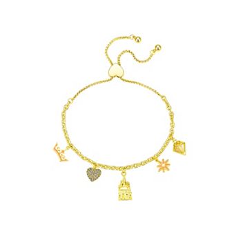Disney's 14k Gold Flash Plated Polished Crown, Heart, Castle, Star & Mother-of-Pearl Charm Bolo Bracelet