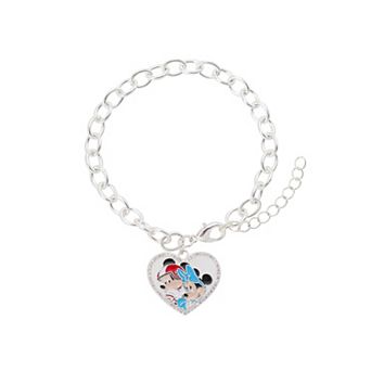 Disney's Mickey & Minnie Mouse Fine Silver Plated Heart Round Cubic Zirconia Link Chain Bracelet