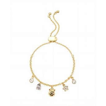 Disney's Winnie The Pooh Fine Silver Plated Round Cubic Zirconia "Hunny" Jar & Pooh Head and Mother-Of-Pearl Flower Charm Bracelet