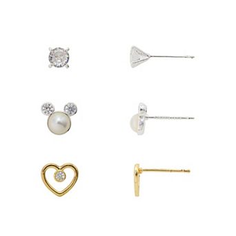 Disney's Minnie Mouse Two-Tone Cubic Zirconia & Simulated Pearl 3-Pair Earring Set