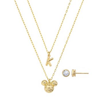 Disney's Mickey Mouse 14k Gold Flash Plated Polished Bezel Set Cubic Zirconia Stars 2 pc Pendant Initial Necklace & Earrings Set