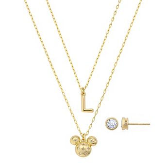 Disney's Mickey Mouse 14k Gold Flash Plated Polished Bezel Set Cubic Zirconia Stars 2 pc Pendant Initial Necklace & Earrings Set