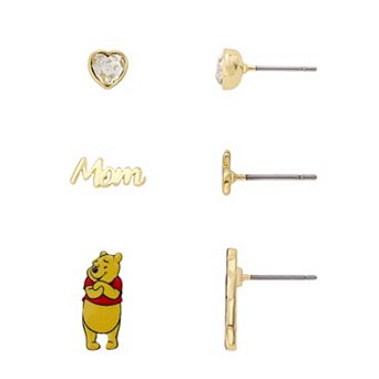 Disney's Winnie The Pooh 14k Gold Flash Plated Cubic Zirconia Heart, Mom & Pooh 3-Pair Post Earrings Set