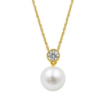 Jewelexcess 14k Gold Flash Plated Silver 1/10 Carat T.W. Lab-Grown Diamond & Simulated Pearl Pendant Necklace