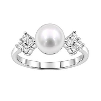 Jewelexcess Sterling Silver 1/4 Carat T.W. Lab-Grown Diamond & Simulated Pearl Contemporary Ring
