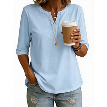 Womens Henley Button Up Short Sleeve T Shirts V Neck Business Casual Loose Fit Blouse