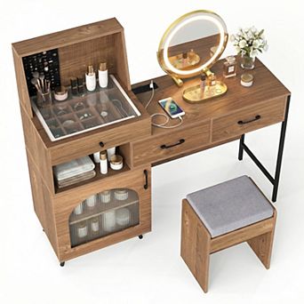 Costway Vanity Desk with Mirror and Lights, 3 Lighting Modes, Glass Desktop, 3 Drawers