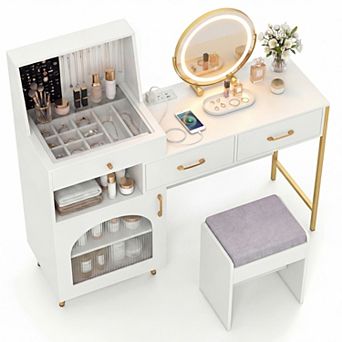 Costway Vanity Desk with Mirror and Lights, 3 Lighting Modes, Glass Desktop, 3 Drawers
