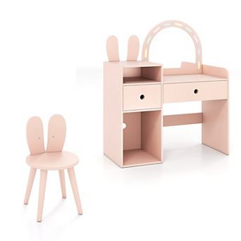 Costway Princess Bunny Makeup Table with Lighted Mirror, Open Shelves and Storage Drawers