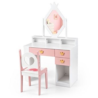 Costway Kids Vanity Set with Crown Mirror & Chair, 3 Drawers, 3 tier Storage Shelf