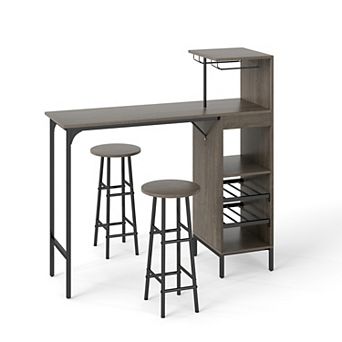 Costway 3 pc Bar Table and Chairs Set Industrial Pub Table & Stools with Bottle Wine Rack