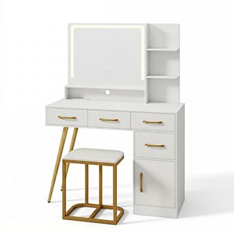 Costway Modern Vanity Desk Set with Charging Station,Hair Dryer Holder & 3-Color LED Mirror