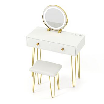 Costway Vanity Desk with Mirror & Lights, Built-in Charging Station, 2 Drawers for Bedroom
