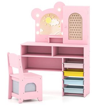 Costway Kids Vanity with Lights with 5 Drawers & 2 Compartments, Single-door Cabinet