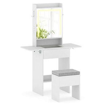 Costway Vanity Desk with Mirror & Lights, Stool, 2 Drop Leaf Tables, Charging Station