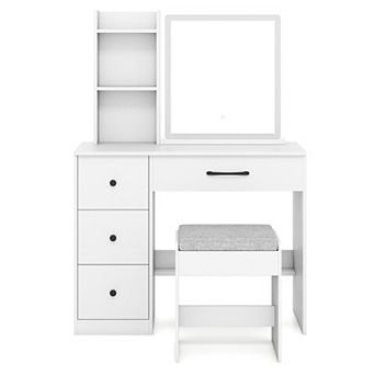 Costway Vanity Desk with Sliding Mirror and Lights Makeup Table and Chair Set with 4 Drawers