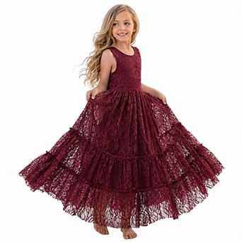 2Bunnies Girls’ Vintage Boho Sleeveless Lace Ruffled Maxi Dress
