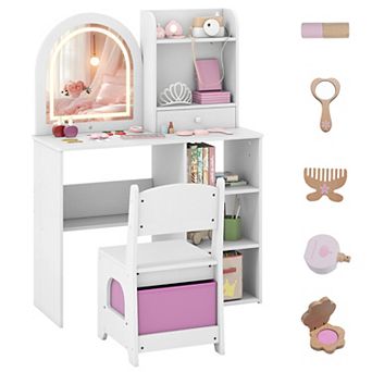 Costway Kids Vanity Set Princess Girls Makeup Vanity Desk with 3-Color LED Lighted Mirror