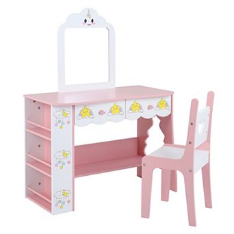 Costway Kids Vanity Set, Princess Girls Makeup Table with Mirror and Chair
