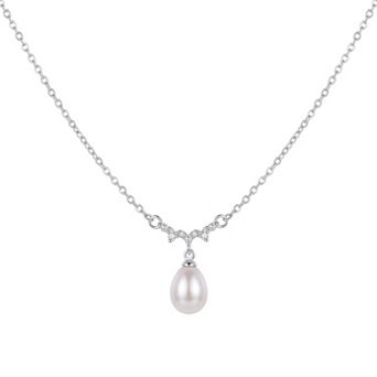 14K Gold Plated Classic Cubic Zirconia Halo Pearl Pendant Necklace