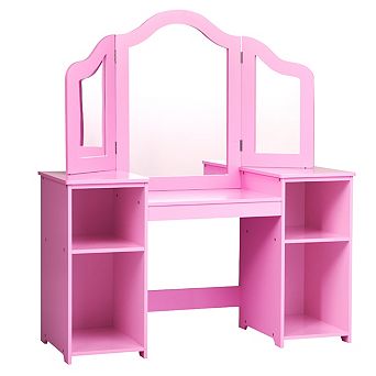 Costway Vanity Table Set Makeup Dressing Kids Girls Study Table Tri Folding Mirror